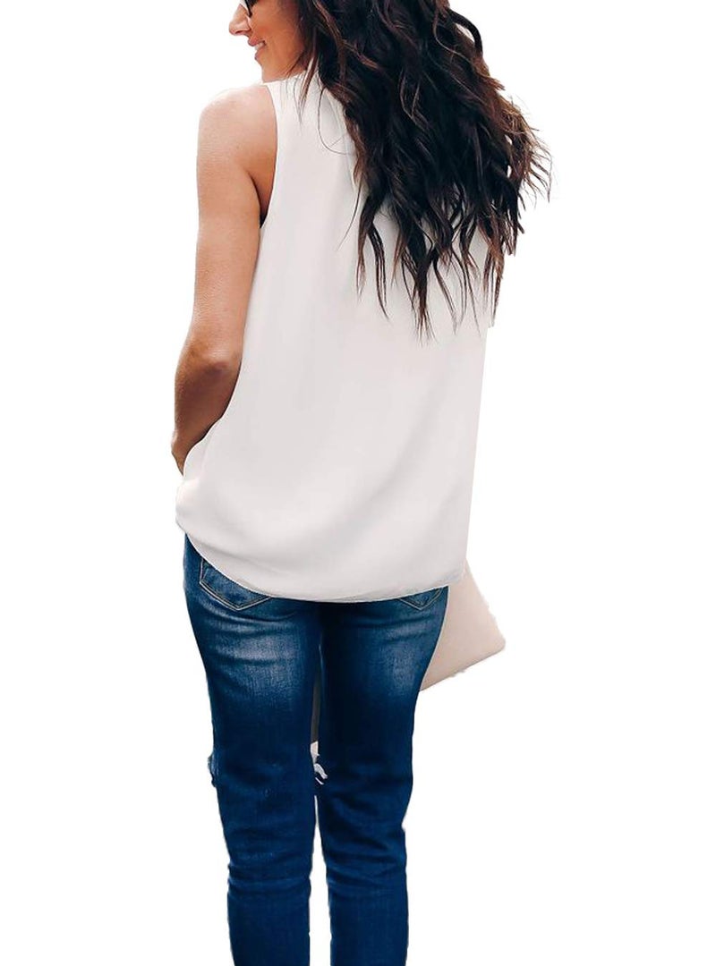 Allimy Women Summer Casual High Neck Chiffon Sleeveless Tank Tops Fashion Blouses 2025 White Medium - Image 4